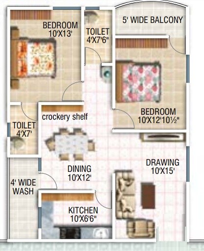 Floor plan of 2 BHK 1091 Sq. Ft. Apartment in Surya Galaxy Towers, Hyderabad