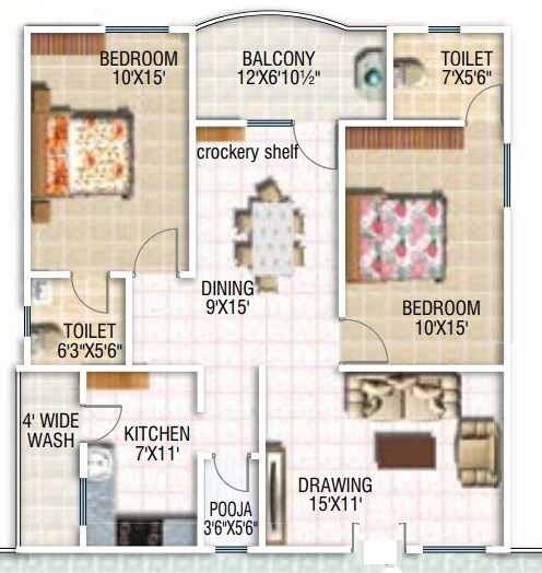 Floor plan of 2 BHK 1308 Sq. Ft. Apartment in Surya Galaxy Towers, Hyderabad