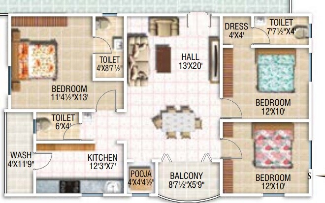 Floor plan of 3 BHK 1400 Sq. Ft. Apartment in Surya Galaxy Towers, Hyderabad