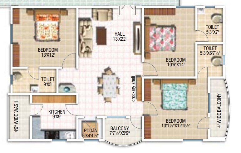 Floor plan of 3 BHK 1568 Sq. Ft. Apartment in Surya Galaxy Towers, Hyderabad