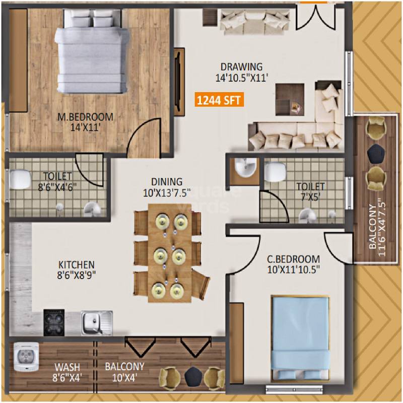 Floor plan of 2 BHK 1244 Sq. Ft. Apartment in SV Aravinda, Hyderabad
