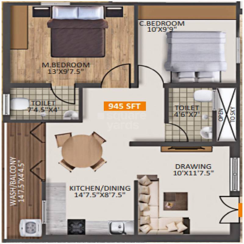 Floor plan of 2 BHK 945 Sq. Ft. Apartment in SV Aravinda, Hyderabad
