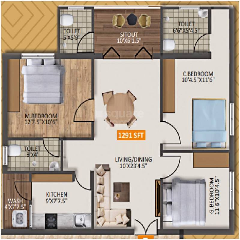 Floor plan of 3 BHK 1291 Sq. Ft. Apartment in SV Aravinda, Hyderabad
