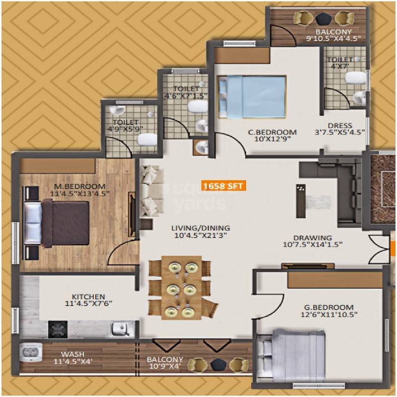 Floor plan of 3 BHK 1658 Sq. Ft. Apartment in SV Aravinda, Hyderabad