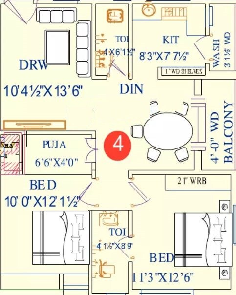 Floor plan of 2 BHK 1190 Sq. Ft. Apartment in SV Brundavanam, Hyderabad