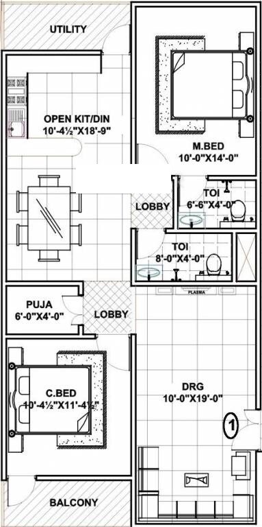 Floor plan of 2 BHK 1170 Sq. Ft. Apartment in SV Dd Colony, Hyderabad