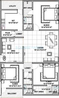 Floor plan of 3 BHK 1500 Sq. Ft. Apartment in SV Dd Colony, Hyderabad