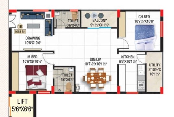 Floor plan of 2 BHK 1058 Sq. Ft. Apartment in SV Heights Nagole, Hyderabad