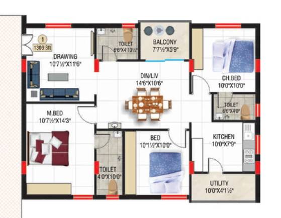 Floor plan of 3 BHK 1303 Sq. Ft. Apartment in SV Heights Nagole, Hyderabad