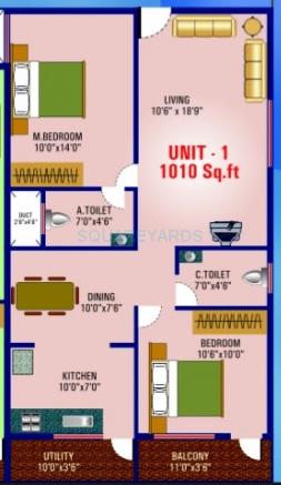 Floor plan of 2 BHK 1010 Sq. Ft. Apartment in SV Laxmi Nilayam, Hyderabad