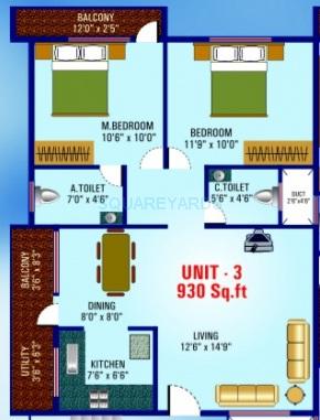 Floor plan of 2 BHK 930 Sq. Ft. Apartment in SV Laxmi Nilayam, Hyderabad