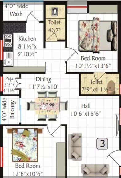 Floor plan of 2 BHK 1120 Sq. Ft. Apartment in SV Meadows, Hyderabad