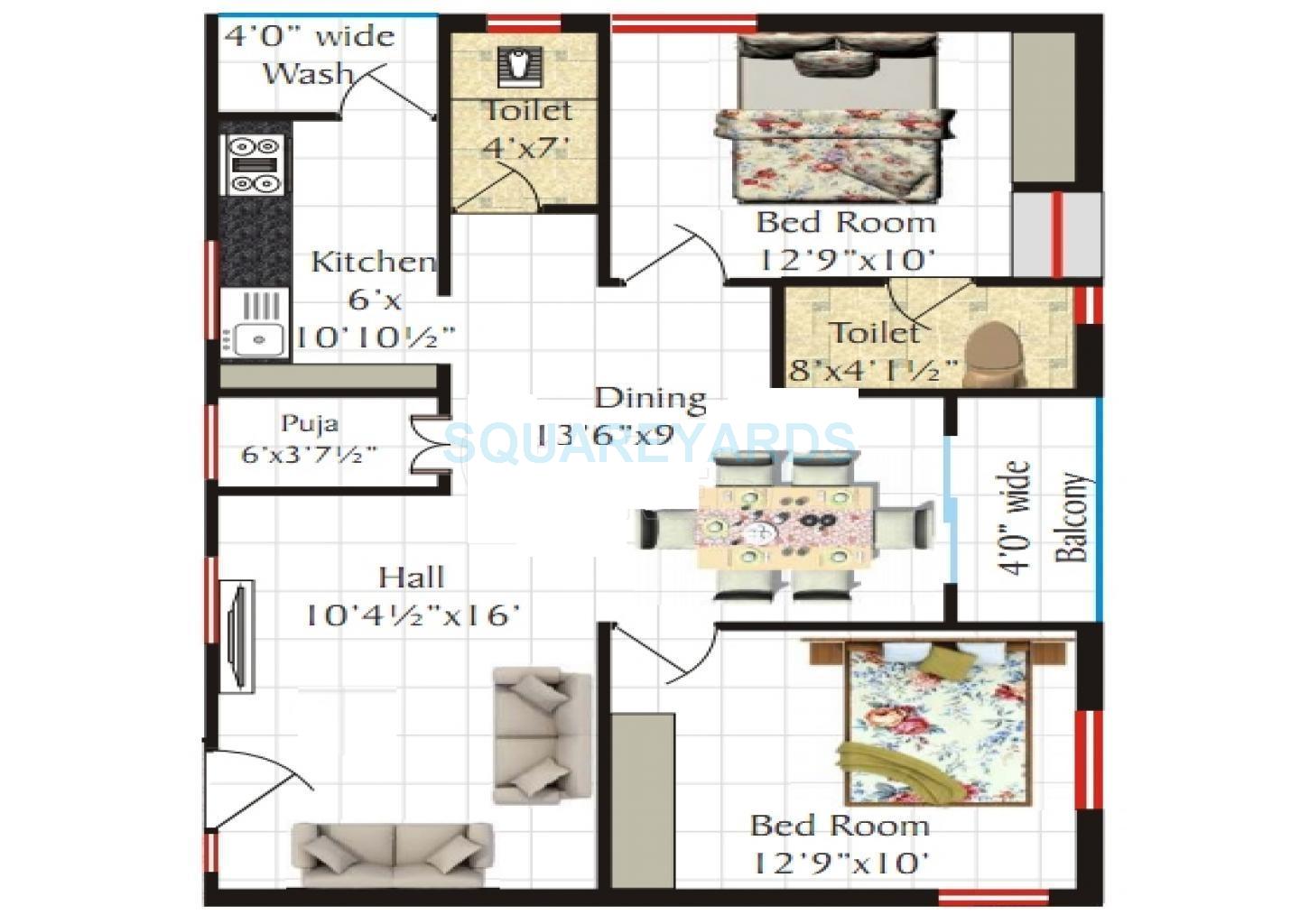 Floor plan of 3 BHK 1400 Sq. Ft. Apartment in SV Meadows, Hyderabad