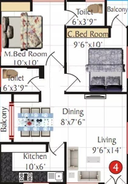 Floor plan of 2 BHK 755 Sq. Ft. Apartment in SV Narayana Reddy Homes, Hyderabad
