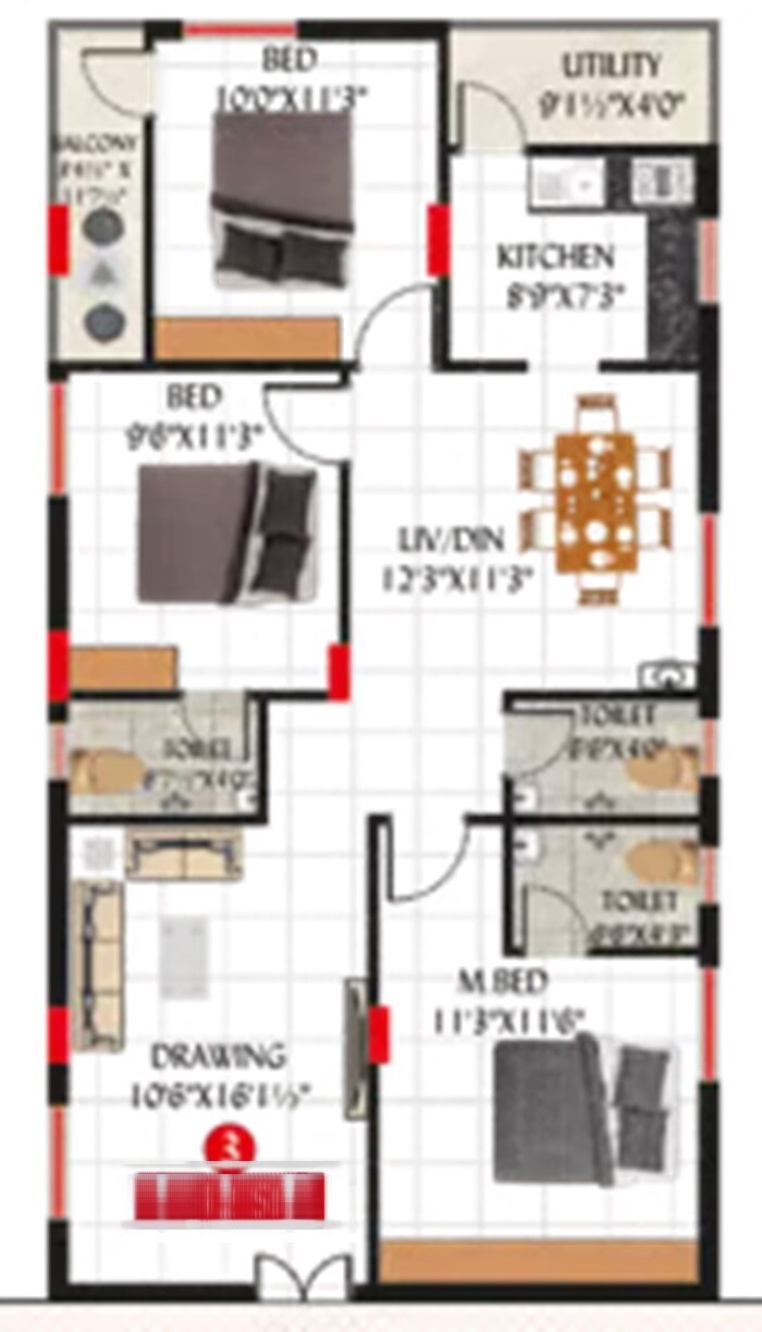 Floor plan of 3 BHK 1336 Sq. Ft. Apartment in SV Neeladri, Hyderabad