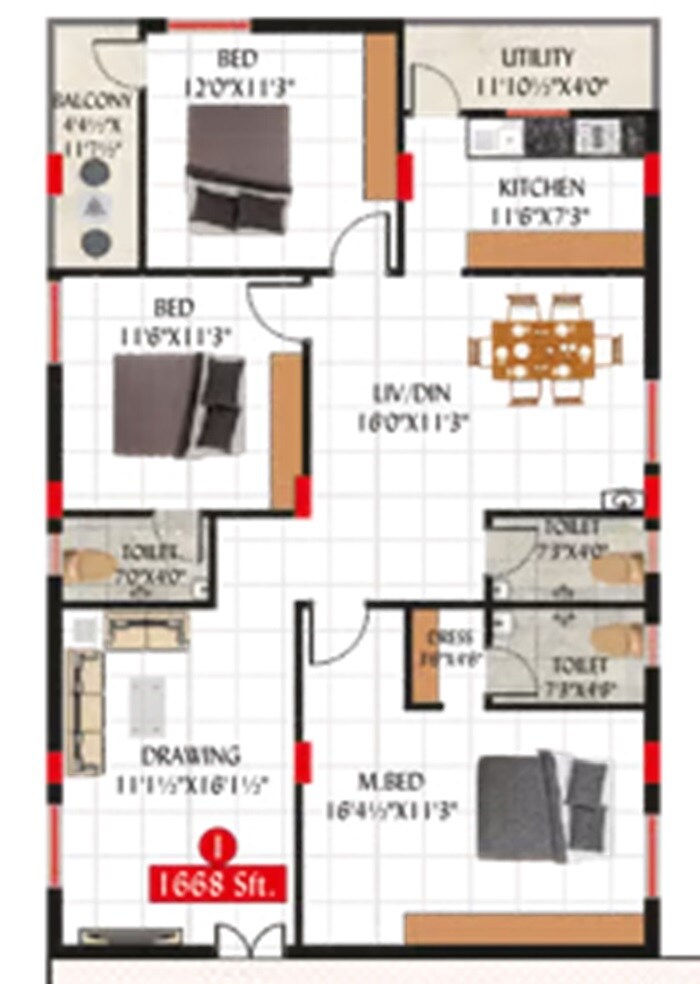 Floor plan of 3 BHK 1668 Sq. Ft. Apartment in SV Neeladri, Hyderabad