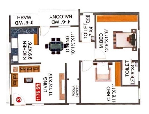 Floor plan of 2 BHK 1176 Sq. Ft. Apartment in SV Pride Mettakanigudem, Hyderabad