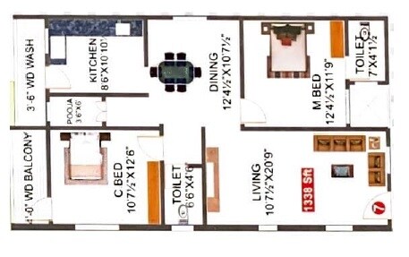Floor plan of 2 BHK 1338 Sq. Ft. Apartment in SV Pride Mettakanigudem, Hyderabad