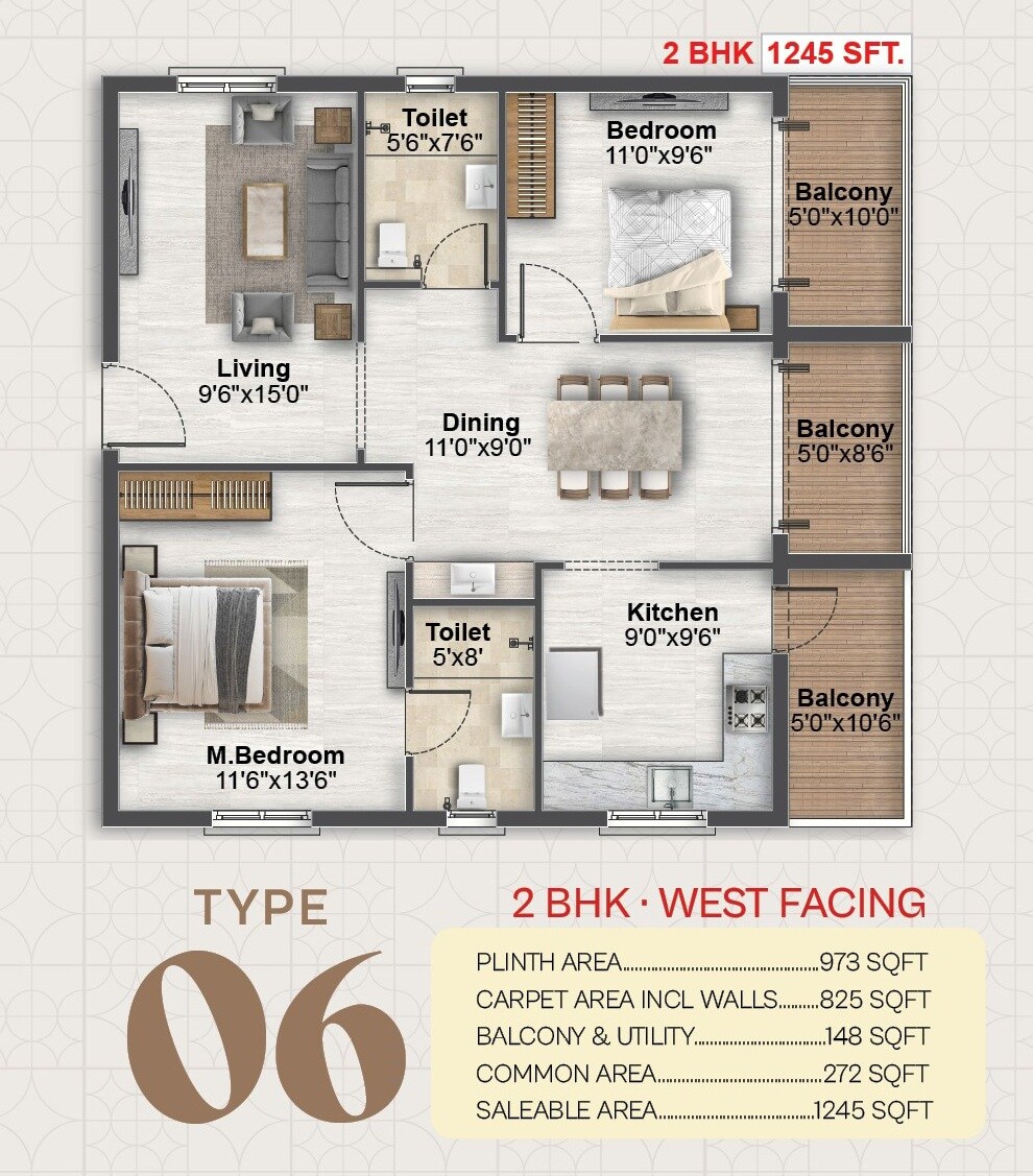 Floor plan of 2 BHK 1245 Sq. Ft. Apartment in SV Skyline Avasa, Hyderabad