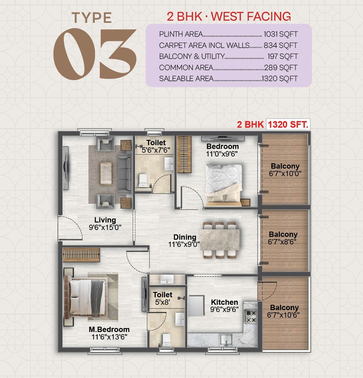 Floor plan of 2 BHK 1320 Sq. Ft. Apartment in SV Skyline Avasa, Hyderabad