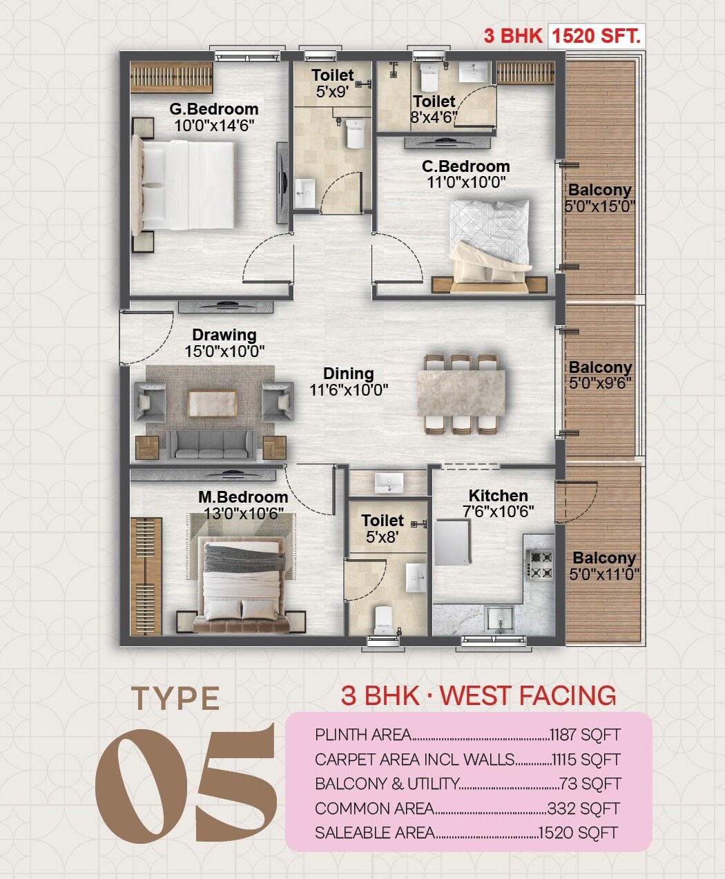 Floor plan of 3 BHK 1520 Sq. Ft. Apartment in SV Skyline Avasa, Hyderabad