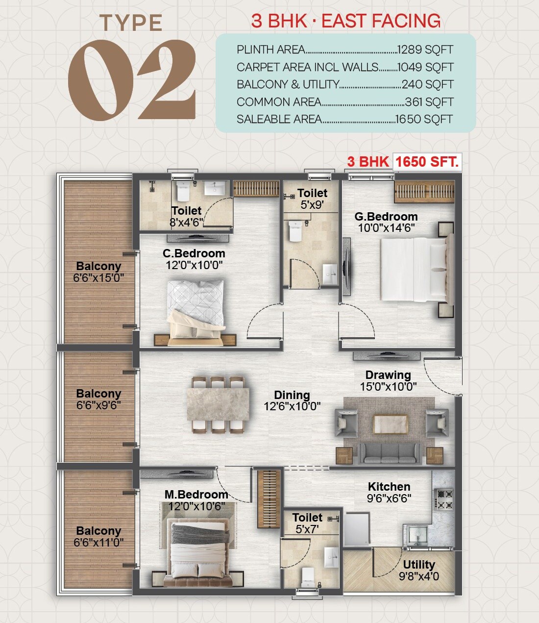 Floor plan of 3 BHK 1650 Sq. Ft. Apartment in SV Skyline Avasa, Hyderabad