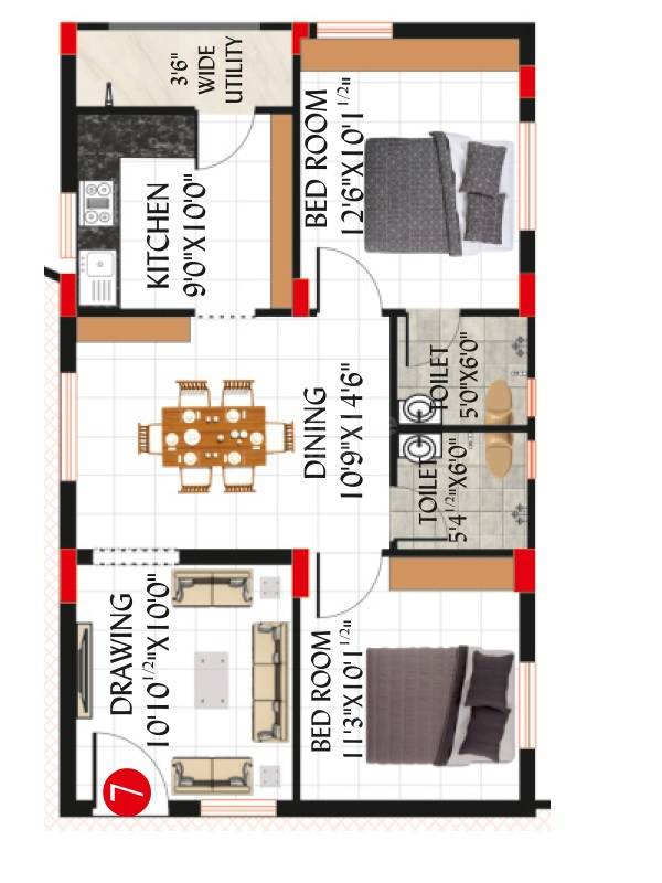 Floor plan of 2 BHK 980 Sq. Ft. Apartment in SV Venkatadri, Hyderabad