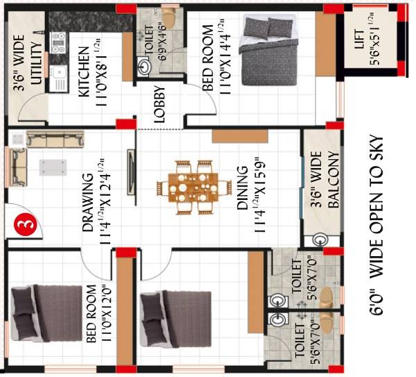 Floor plan of 3 BHK 1572 Sq. Ft. Apartment in SV Venkatadri, Hyderabad