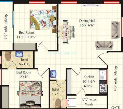 Floor plan of 2 BHK 1120 Sq. Ft. Apartment in SV Vigneshwara Residency, Hyderabad