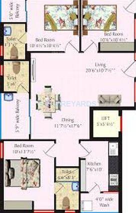 Floor plan of 3 BHK 1343 Sq. Ft. Apartment in SV Vigneshwara Residency, Hyderabad