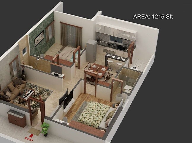 Floor plan of 2 BHK 1215 Sq. Ft. Apartment in Svadha Kollaar, Hyderabad