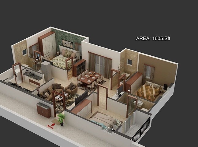 Floor plan of 3 BHK 1605 Sq. Ft. Apartment in Svadha Kollaar, Hyderabad