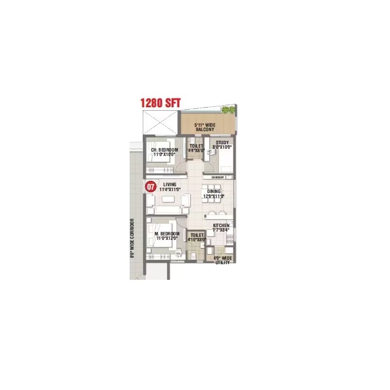 Floor plan of 2 BHK 1280 Sq. Ft. Apartment in Svadha Mackennas, Hyderabad