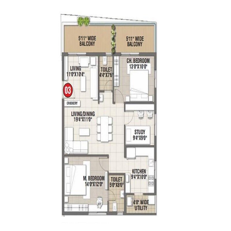Floor plan of 3 BHK 1625 Sq. Ft. Apartment in Svadha Mackennas, Hyderabad