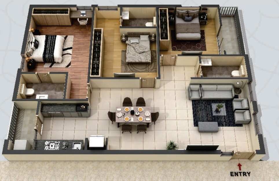 Floor plan of 3 BHK 1670 Sq. Ft. Apartment in SVB Vaibhav, Hyderabad