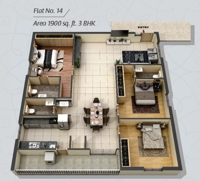 Floor plan of 3 BHK 1900 Sq. Ft. Apartment in SVB Vaibhav, Hyderabad