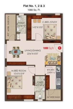 Floor plan of 2 BHK 1080 Sq. Ft. Apartment in SVBD PR Greenview, Hyderabad
