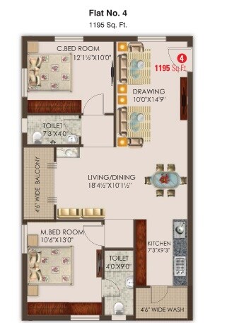 Floor plan of 2 BHK 1195 Sq. Ft. Apartment in SVBD PR Greenview, Hyderabad