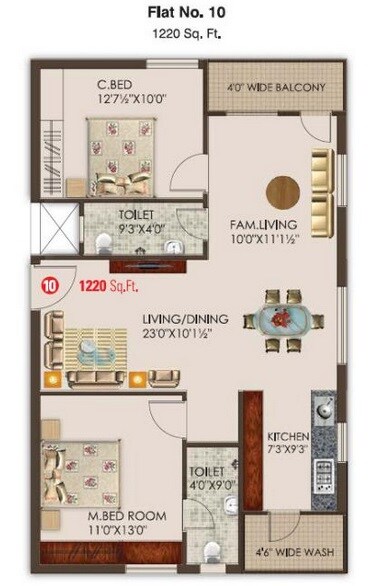 Floor plan of 2 BHK 1220 Sq. Ft. Apartment in SVBD PR Greenview, Hyderabad