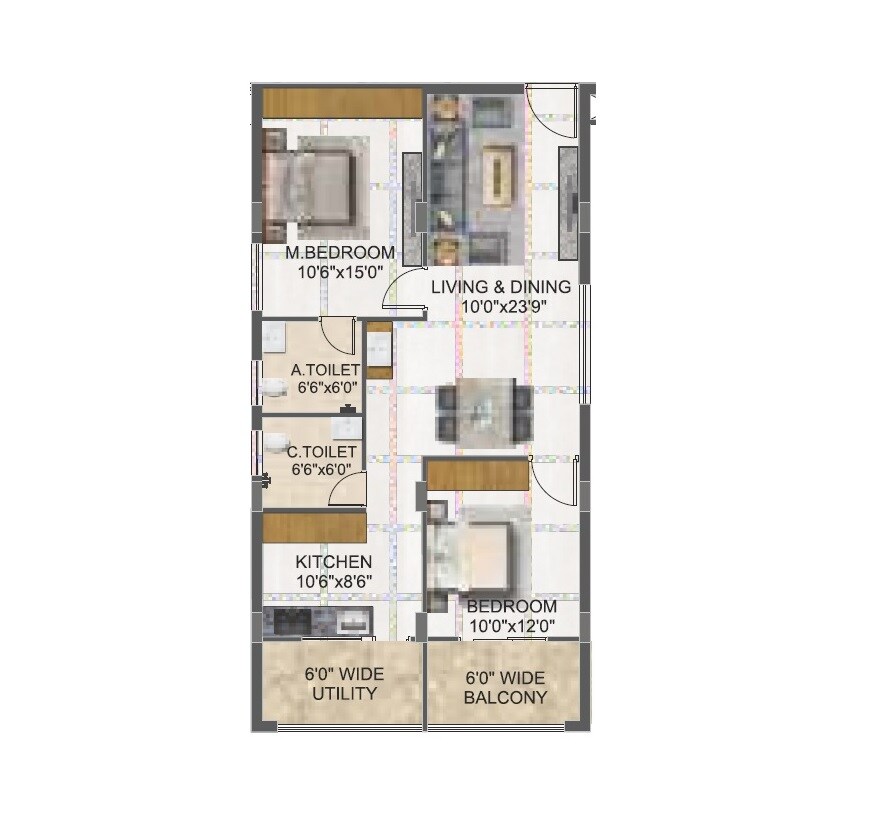 Floor plan of 2 BHK 1350 Sq. Ft. Apartment in SVC Indraprastha, Hyderabad