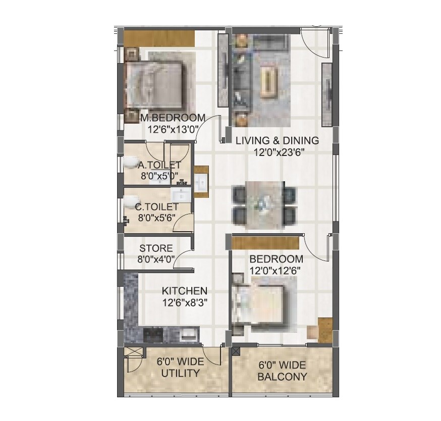 Floor plan of 2 BHK 1500 Sq. Ft. Apartment in SVC Indraprastha, Hyderabad