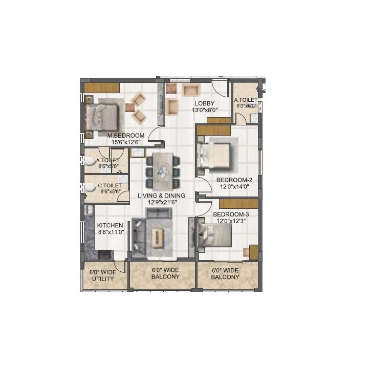 Floor plan of 3 BHK 1745 Sq. Ft. Apartment in SVC Indraprastha, Hyderabad