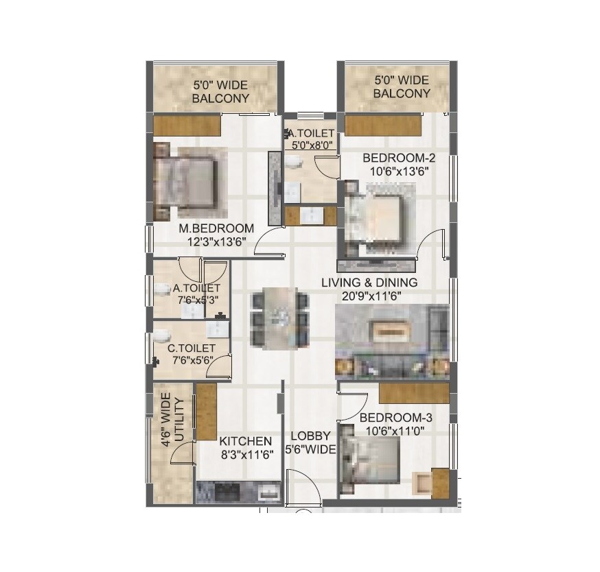 Floor plan of 3 BHK 2050 Sq. Ft. Apartment in SVC Indraprastha, Hyderabad