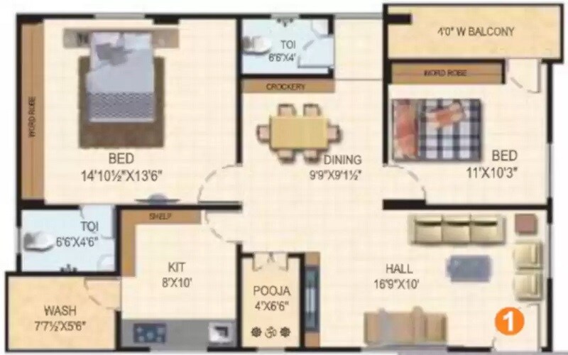 Floor plan of 2 BHK 1165 Sq. Ft. Apartment in SVLN Heights, Hyderabad