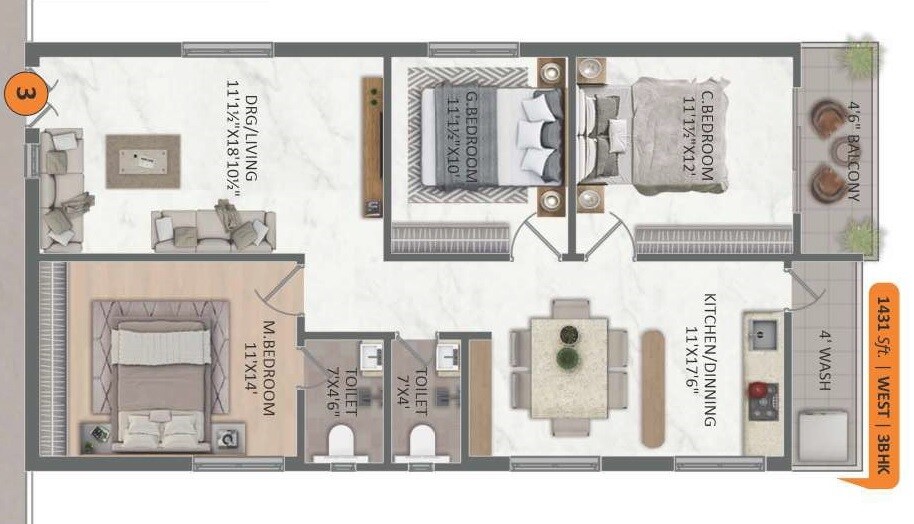 Floor plan of 3 BHK 1431 Sq. Ft. Apartment in SVNR The Breeze, Hyderabad