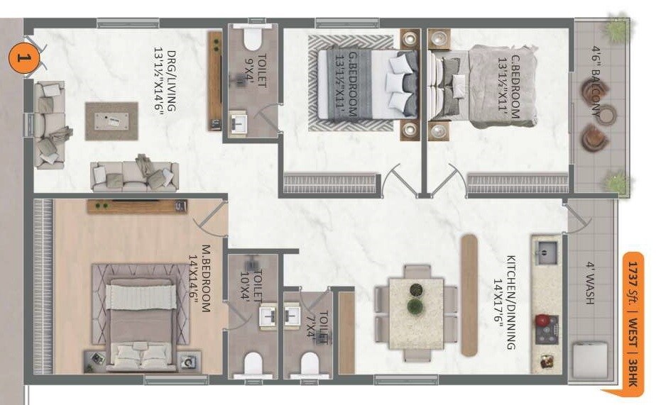 Floor plan of 3 BHK 1737 Sq. Ft. Apartment in SVNR The Breeze, Hyderabad