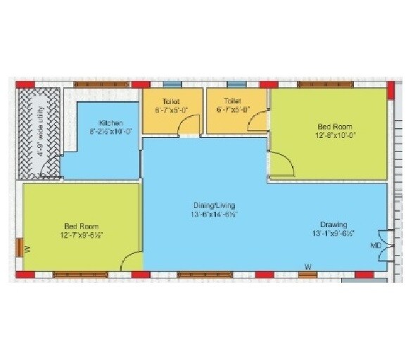 Floor plan of 2 BHK 1076 Sq. Ft. Apartment in SVR Sai Nivas, Hyderabad