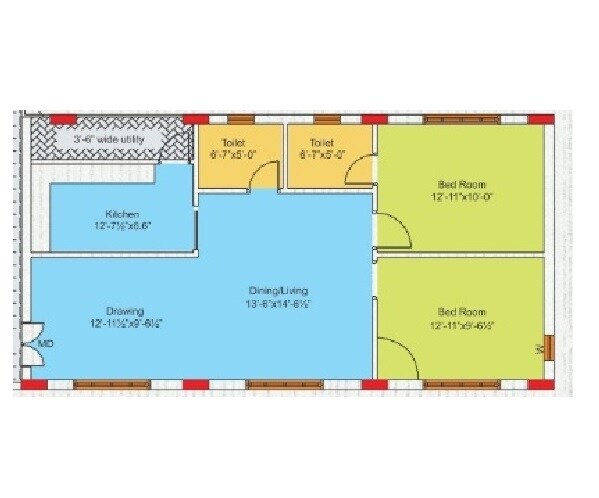 Floor plan of 2 BHK 1119 Sq. Ft. Apartment in SVR Sai Nivas, Hyderabad