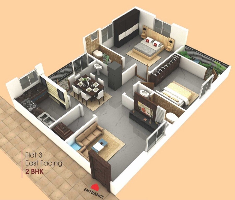 Floor plan of 2 BHK 1250 Sq. Ft. Apartment in SVS Ample Homes, Hyderabad