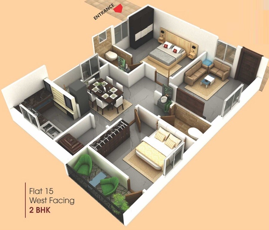 Floor plan of 2 BHK 950 Sq. Ft. Apartment in SVS Ample Homes, Hyderabad